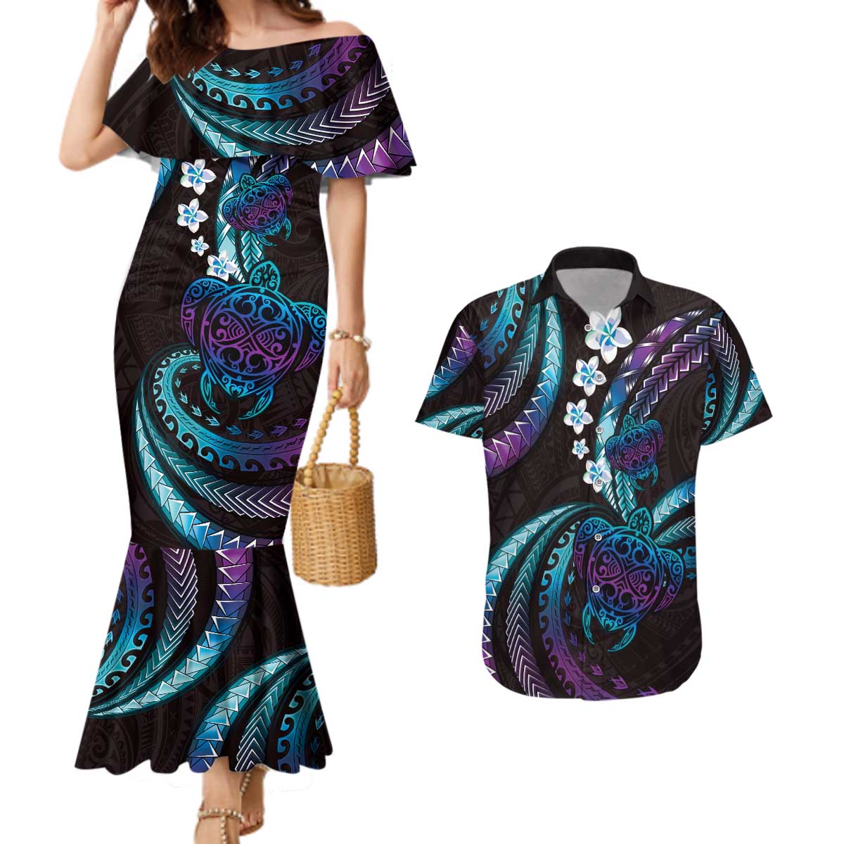 Hawaii Turtles Plumeria Couples Matching Mermaid Dress and Hawaiian Shirt Amethyst Gradient Polynesian Pattern LT01 Purple - Polynesian Pride