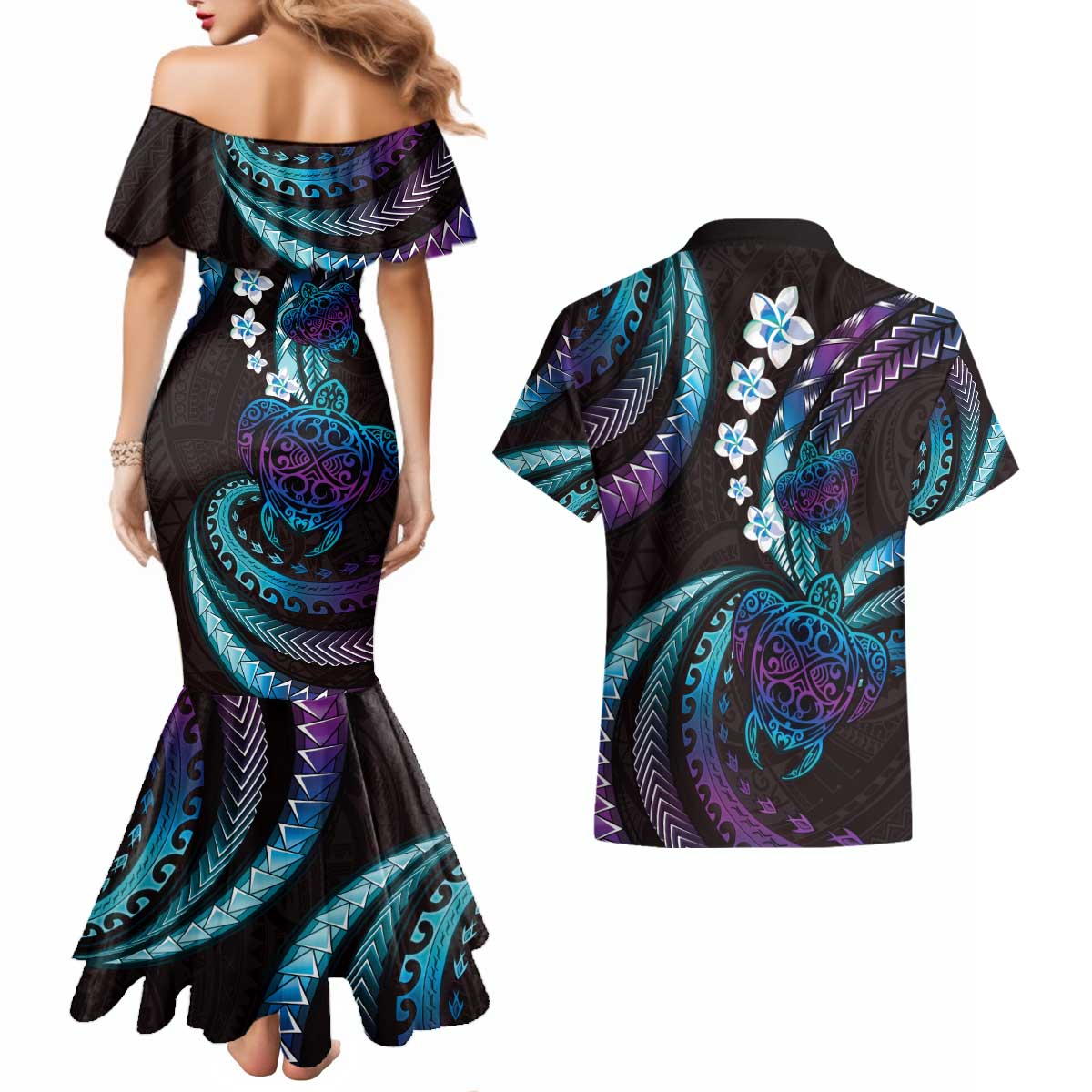 Hawaii Turtles Plumeria Couples Matching Mermaid Dress and Hawaiian Shirt Amethyst Gradient Polynesian Pattern LT01 - Polynesian Pride