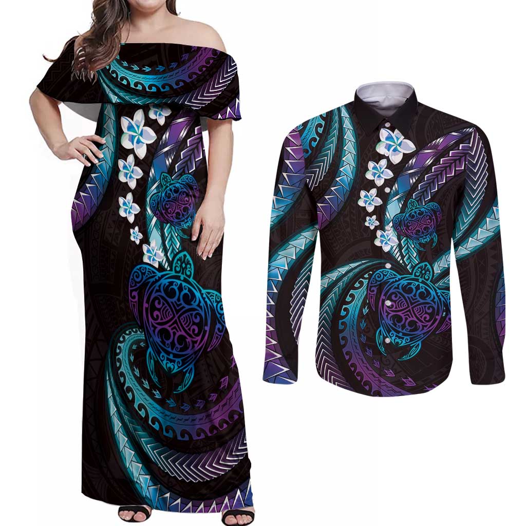 Hawaii Turtles Plumeria Couples Matching Off Shoulder Maxi Dress and Long Sleeve Button Shirt Amethyst Gradient Polynesian Pattern LT01 Purple - Polynesian Pride