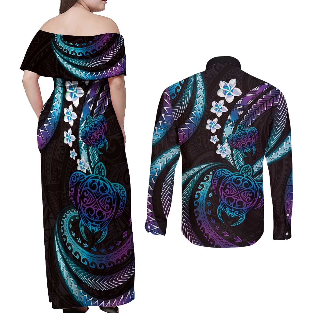 Hawaii Turtles Plumeria Couples Matching Off Shoulder Maxi Dress and Long Sleeve Button Shirt Amethyst Gradient Polynesian Pattern LT01 - Polynesian Pride