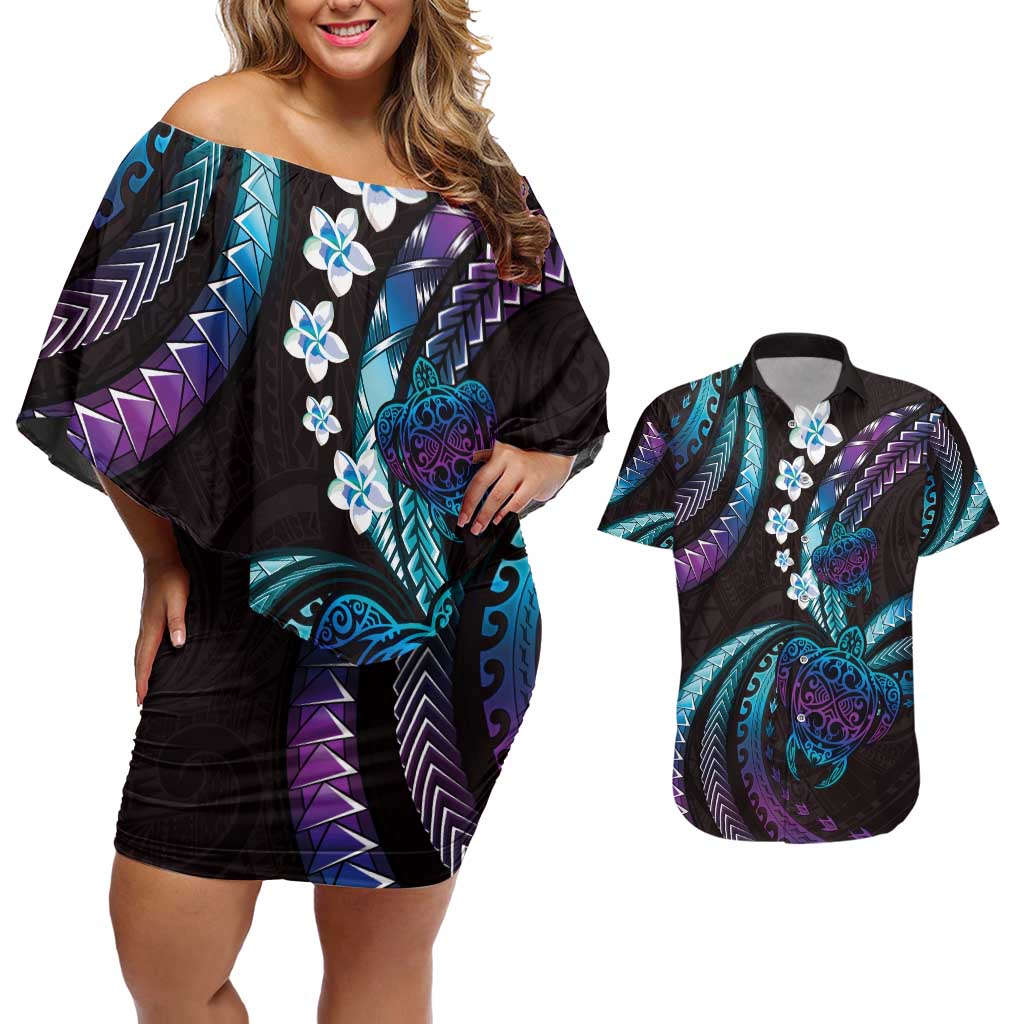 Hawaii Turtles Plumeria Couples Matching Off Shoulder Short Dress and Hawaiian Shirt Amethyst Gradient Polynesian Pattern LT01 Purple - Polynesian Pride