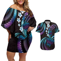 Hawaii Turtles Plumeria Couples Matching Off Shoulder Short Dress and Hawaiian Shirt Amethyst Gradient Polynesian Pattern LT01 Purple - Polynesian Pride