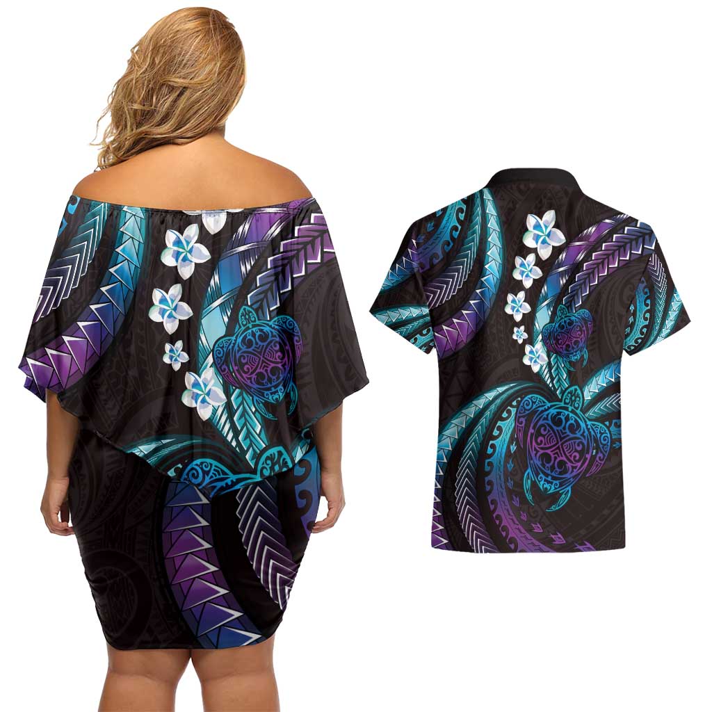 Hawaii Turtles Plumeria Couples Matching Off Shoulder Short Dress and Hawaiian Shirt Amethyst Gradient Polynesian Pattern LT01 - Polynesian Pride