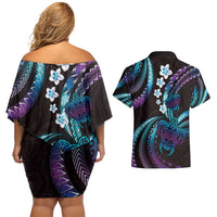 Hawaii Turtles Plumeria Couples Matching Off Shoulder Short Dress and Hawaiian Shirt Amethyst Gradient Polynesian Pattern LT01 - Polynesian Pride