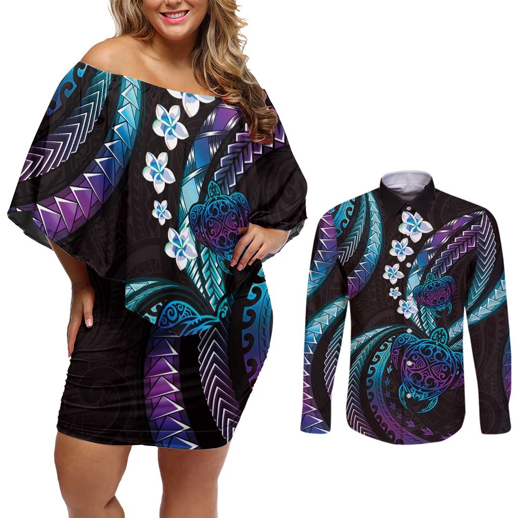 Hawaii Turtles Plumeria Couples Matching Off Shoulder Short Dress and Long Sleeve Button Shirt Amethyst Gradient Polynesian Pattern LT01 Purple - Polynesian Pride