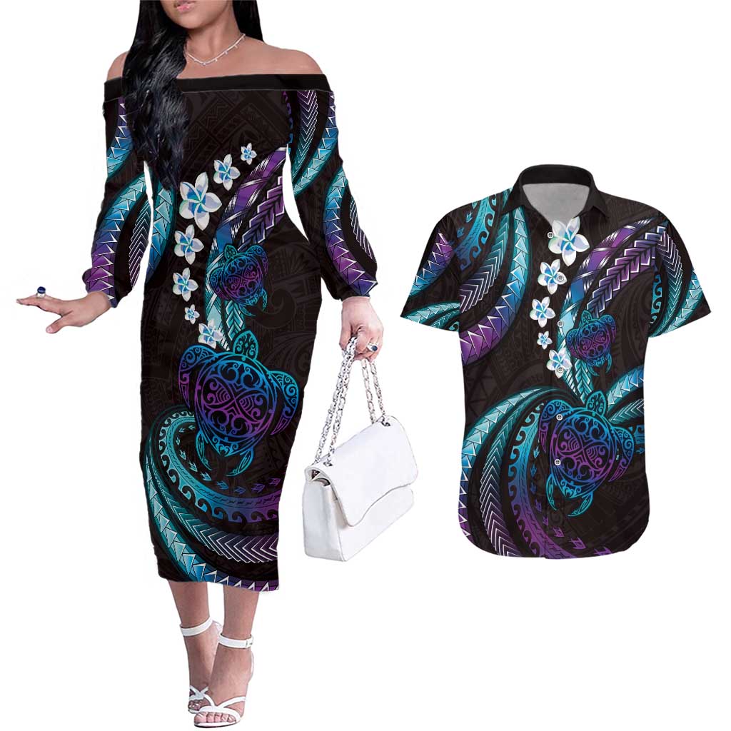 Hawaii Turtles Plumeria Couples Matching Off The Shoulder Long Sleeve Dress and Hawaiian Shirt Amethyst Gradient Polynesian Pattern LT01 Purple - Polynesian Pride
