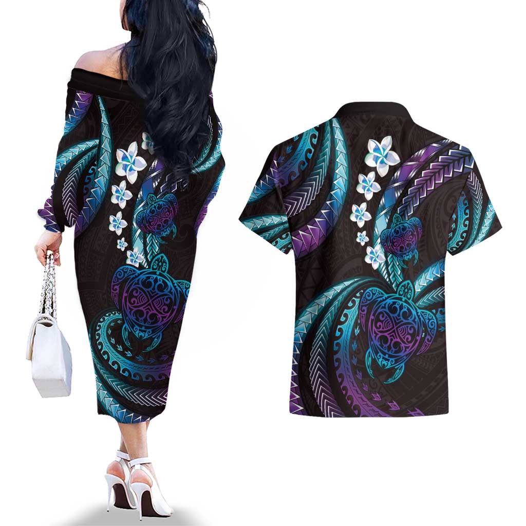 Hawaii Turtles Plumeria Couples Matching Off The Shoulder Long Sleeve Dress and Hawaiian Shirt Amethyst Gradient Polynesian Pattern