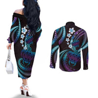 Hawaii Turtles Plumeria Couples Matching Off The Shoulder Long Sleeve Dress and Long Sleeve Button Shirt Amethyst Gradient Polynesian Pattern LT01 - Polynesian Pride