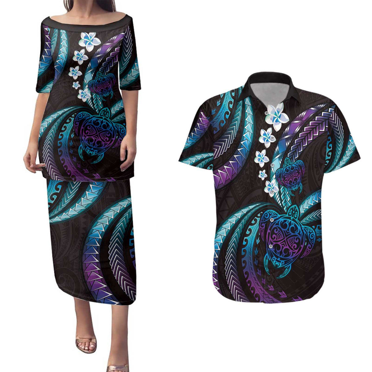 Hawaii Turtles Plumeria Couples Matching Puletasi and Hawaiian Shirt Amethyst Gradient Polynesian Pattern LT01 Purple - Polynesian Pride