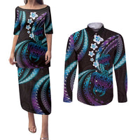 Hawaii Turtles Plumeria Couples Matching Puletasi and Long Sleeve Button Shirt Amethyst Gradient Polynesian Pattern LT01 Purple - Polynesian Pride