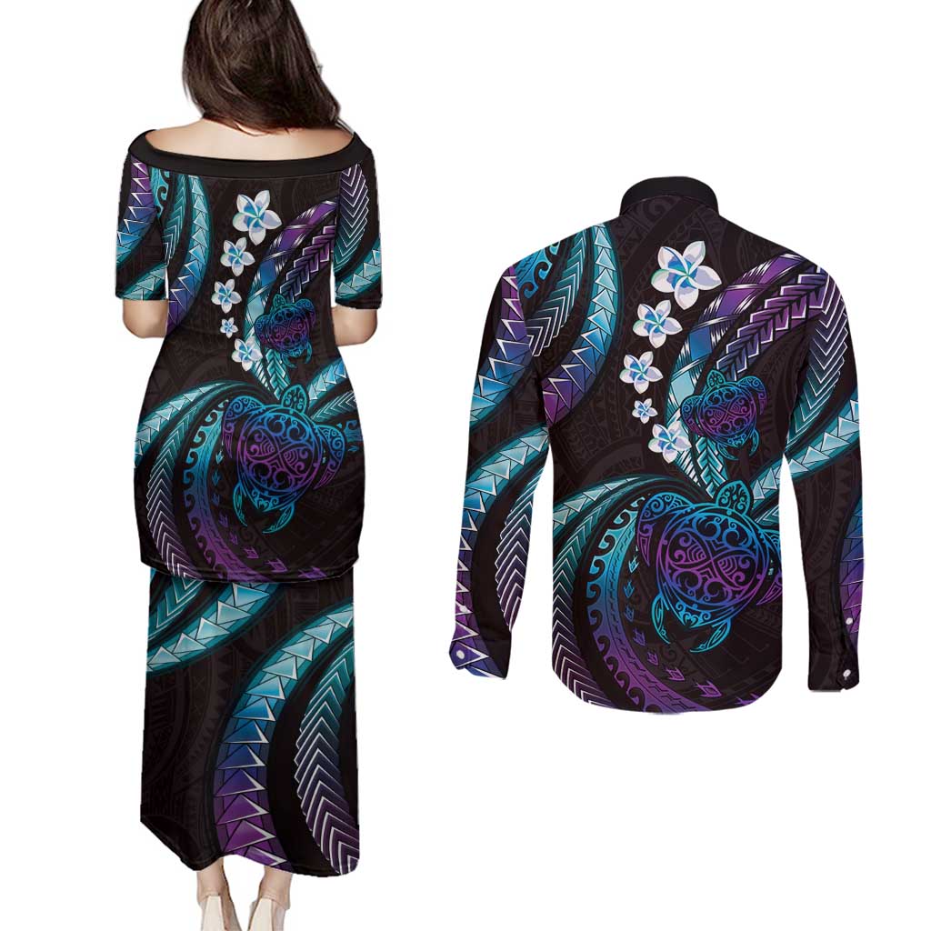 Hawaii Turtles Plumeria Couples Matching Puletasi and Long Sleeve Button Shirt Amethyst Gradient Polynesian Pattern LT01 - Polynesian Pride