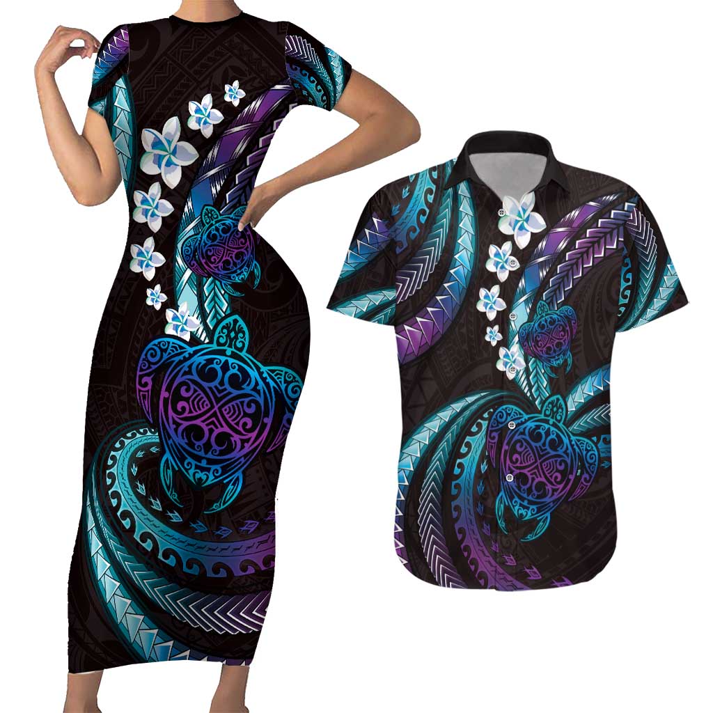 Hawaii Turtles Plumeria Couples Matching Short Sleeve Bodycon Dress and Hawaiian Shirt Amethyst Gradient Polynesian Pattern LT01 Purple - Polynesian Pride