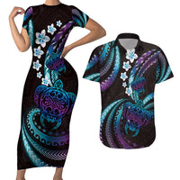 Hawaii Turtles Plumeria Couples Matching Short Sleeve Bodycon Dress and Hawaiian Shirt Amethyst Gradient Polynesian Pattern LT01 Purple - Polynesian Pride
