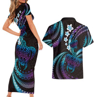 Hawaii Turtles Plumeria Couples Matching Short Sleeve Bodycon Dress and Hawaiian Shirt Amethyst Gradient Polynesian Pattern LT01 - Polynesian Pride