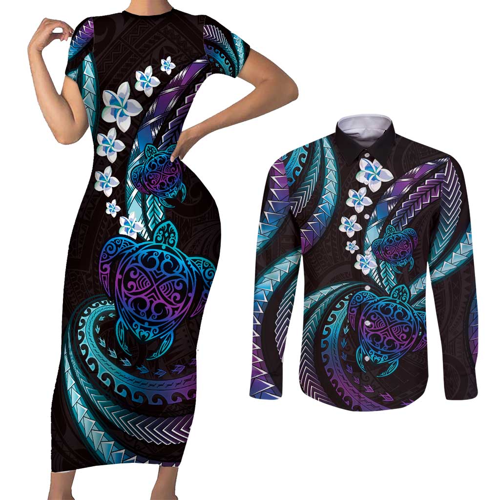 Hawaii Turtles Plumeria Couples Matching Short Sleeve Bodycon Dress and Long Sleeve Button Shirt Amethyst Gradient Polynesian Pattern LT01 Purple - Polynesian Pride