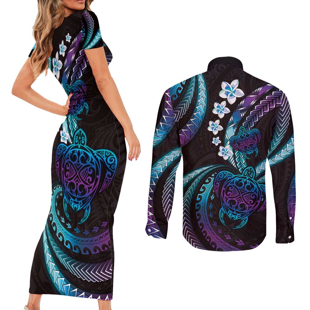 Hawaii Turtles Plumeria Couples Matching Short Sleeve Bodycon Dress and Long Sleeve Button Shirt Amethyst Gradient Polynesian Pattern LT01 - Polynesian Pride