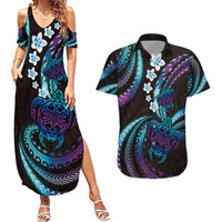 Hawaii Turtles Plumeria Couples Matching Summer Maxi Dress and Hawaiian Shirt Amethyst Gradient Polynesian Pattern LT01 Purple - Polynesian Pride