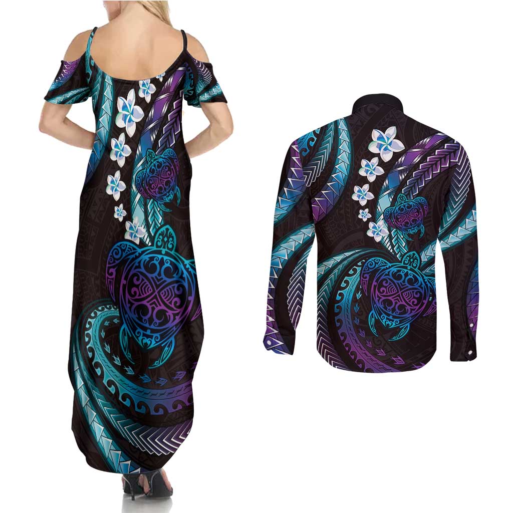 Hawaii Turtles Plumeria Couples Matching Summer Maxi Dress and Long Sleeve Button Shirt Amethyst Gradient Polynesian Pattern LT01 - Polynesian Pride