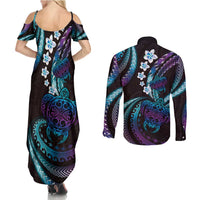 Hawaii Turtles Plumeria Couples Matching Summer Maxi Dress and Long Sleeve Button Shirt Amethyst Gradient Polynesian Pattern LT01 - Polynesian Pride