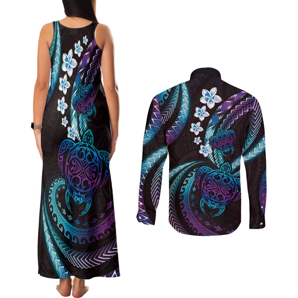 Hawaii Turtles Plumeria Couples Matching Tank Maxi Dress and Long Sleeve Button Shirt Amethyst Gradient Polynesian Pattern LT01 - Polynesian Pride