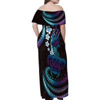 Hawaii Turtles Plumeria Family Matching Off Shoulder Maxi Dress and Hawaiian Shirt Amethyst Gradient Polynesian Pattern