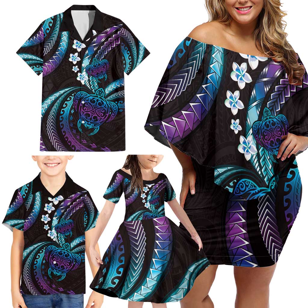 Hawaii Turtles Plumeria Family Matching Off Shoulder Short Dress and Hawaiian Shirt Amethyst Gradient Polynesian Pattern