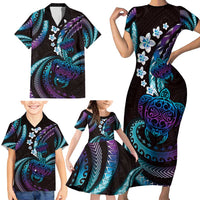 Hawaii Turtles Plumeria Family Matching Short Sleeve Bodycon Dress and Hawaiian Shirt Amethyst Gradient Polynesian Pattern