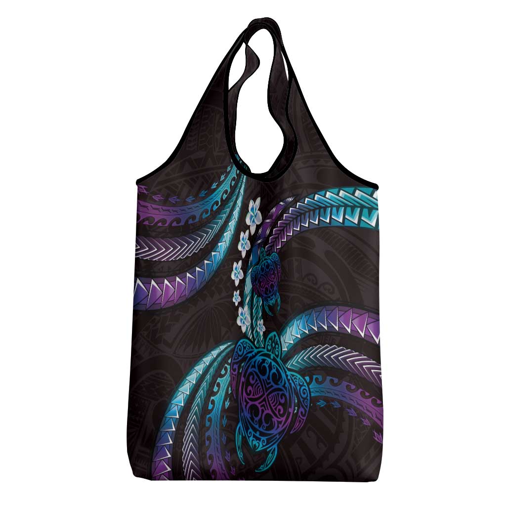 Hawaii Turtles Plumeria Grocery Bag Amethyst Gradient Polynesian Pattern