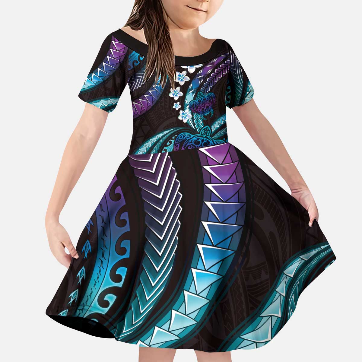 Hawaii Turtles Plumeria Kid Short Sleeve Dress Amethyst Gradient Polynesian Pattern LT01 KID Purple - Polynesian Pride