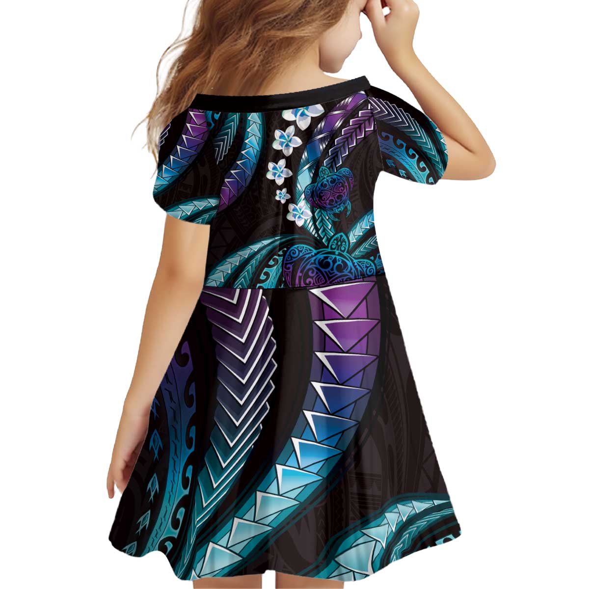 Hawaii Turtles Plumeria Kid Short Sleeve Dress Amethyst Gradient Polynesian Pattern LT01 - Polynesian Pride