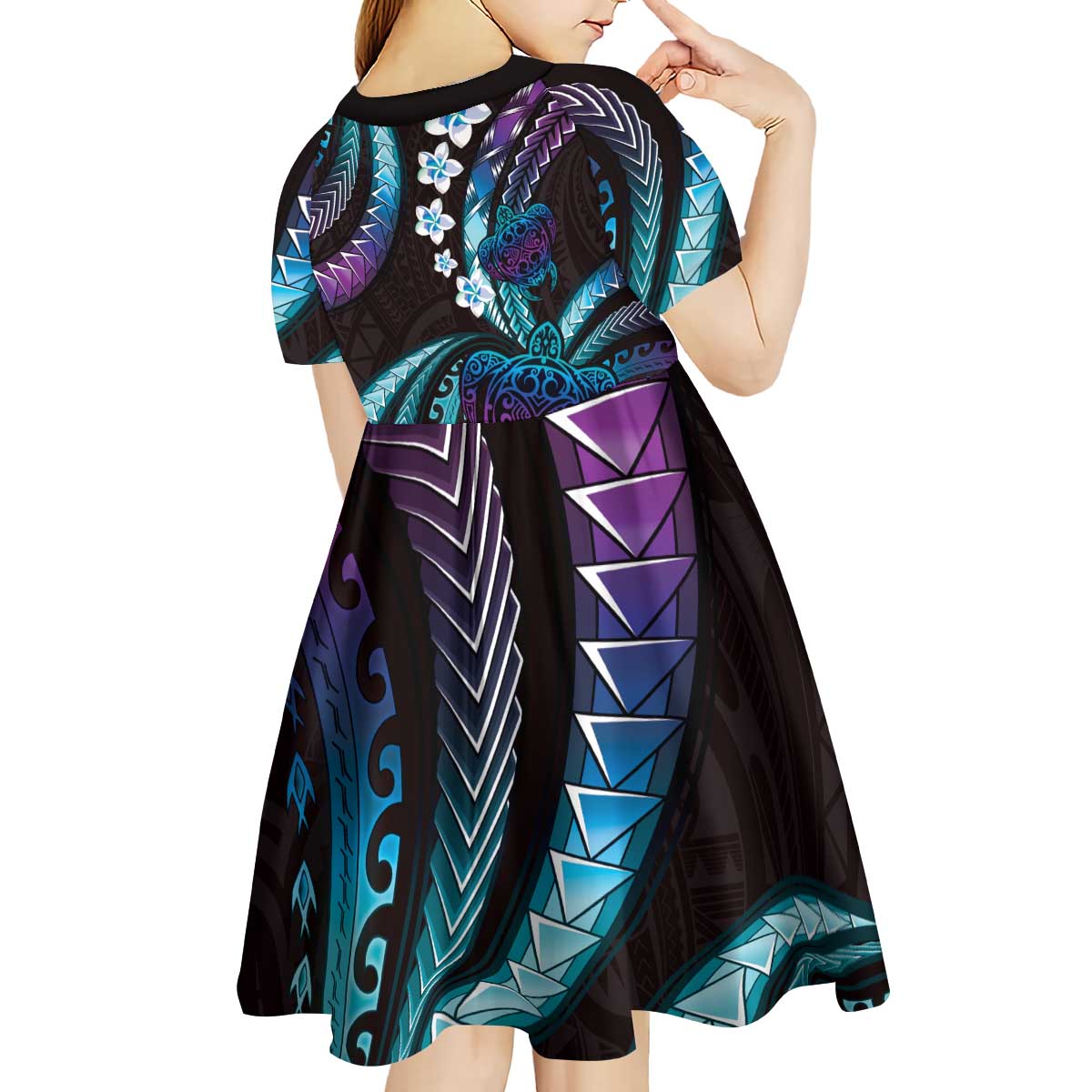 Hawaii Turtles Plumeria Kid Short Sleeve Dress Amethyst Gradient Polynesian Pattern LT01 - Polynesian Pride