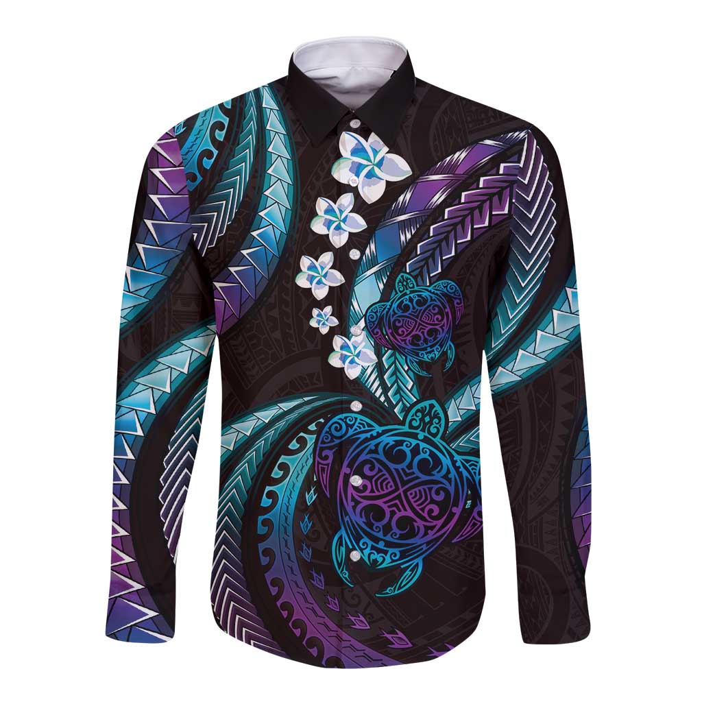 Hawaii Turtles Plumeria Long Sleeve Button Shirt Amethyst Gradient Polynesian Pattern LT01 Unisex Purple - Polynesian Pride