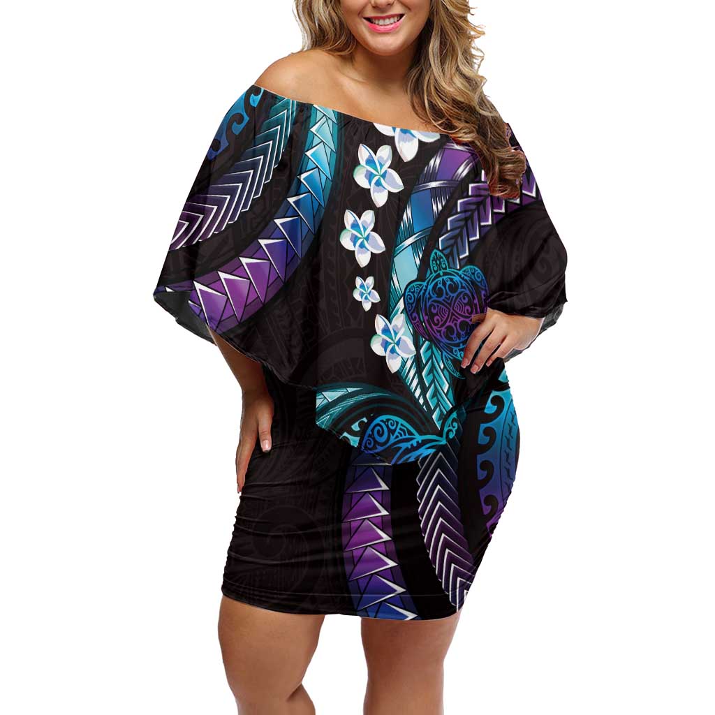 Hawaii Turtles Plumeria Off Shoulder Short Dress Amethyst Gradient Polynesian Pattern