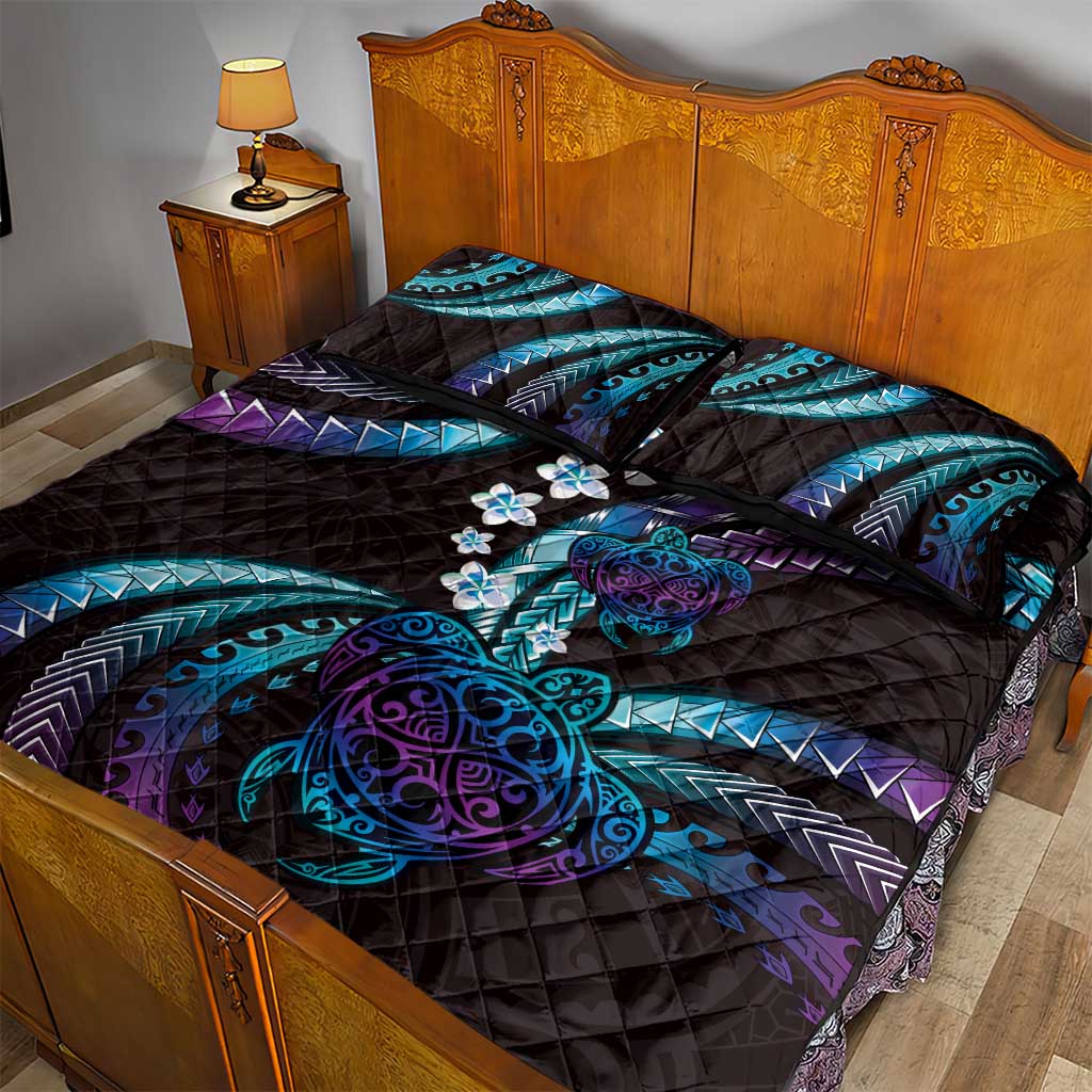 Hawaii Turtles Plumeria Quilt Bed Set Amethyst Gradient Polynesian Pattern