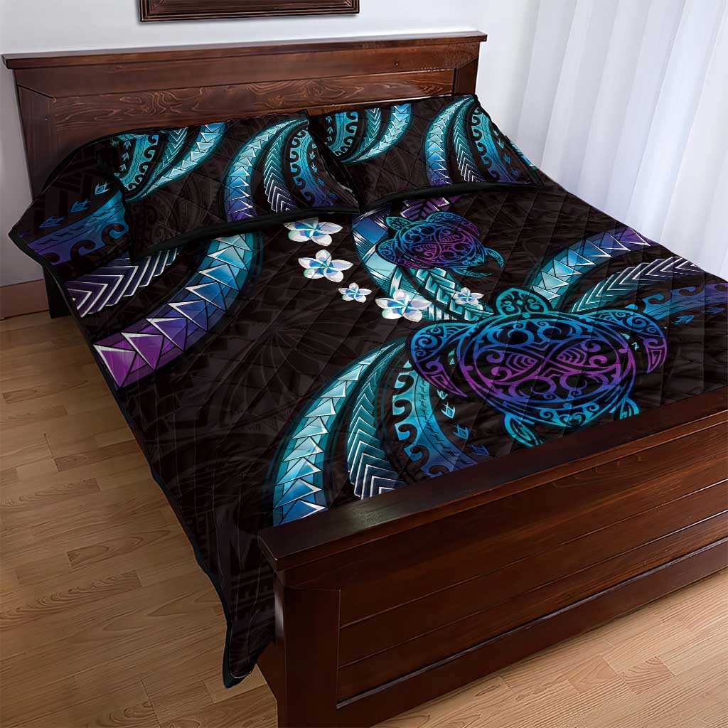 Hawaii Turtles Plumeria Quilt Bed Set Amethyst Gradient Polynesian Pattern