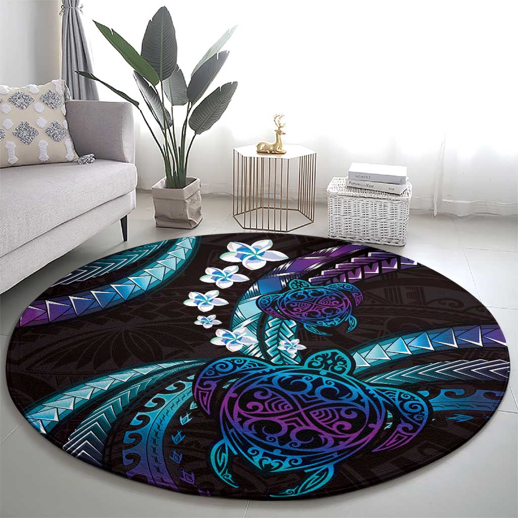 Hawaii Turtles Plumeria Round Carpet Amethyst Gradient Polynesian Pattern