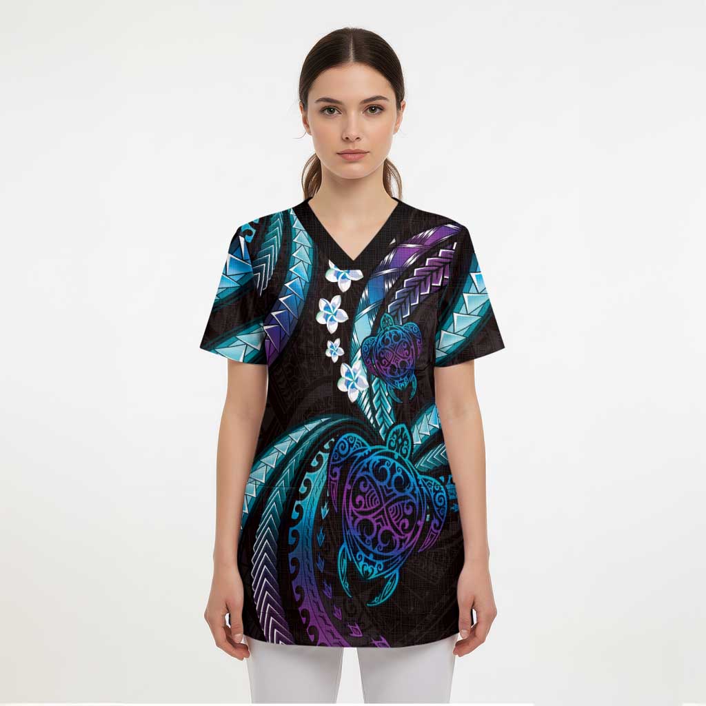 Hawaii Turtles Plumeria Scrub Top Amethyst Gradient Polynesian Pattern - Polynesian Pride