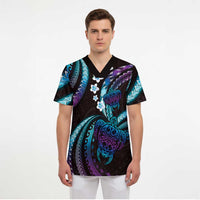 Hawaii Turtles Plumeria Scrub Top Amethyst Gradient Polynesian Pattern - Polynesian Pride