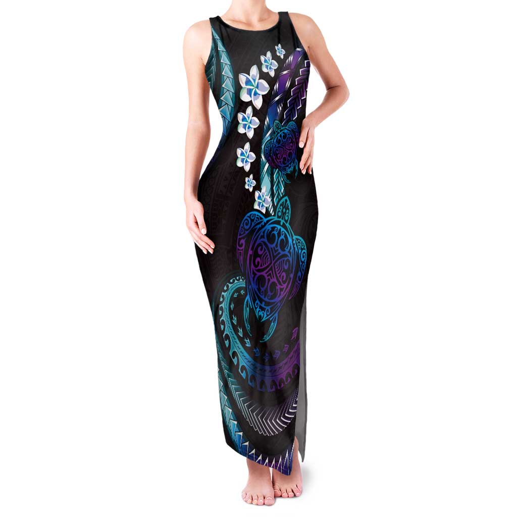 Hawaii Turtles Plumeria Tank Maxi Dress Amethyst Gradient Polynesian Pattern