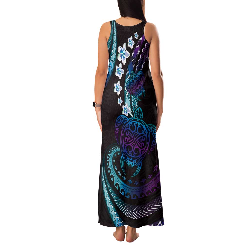 Hawaii Turtles Plumeria Tank Maxi Dress Amethyst Gradient Polynesian Pattern