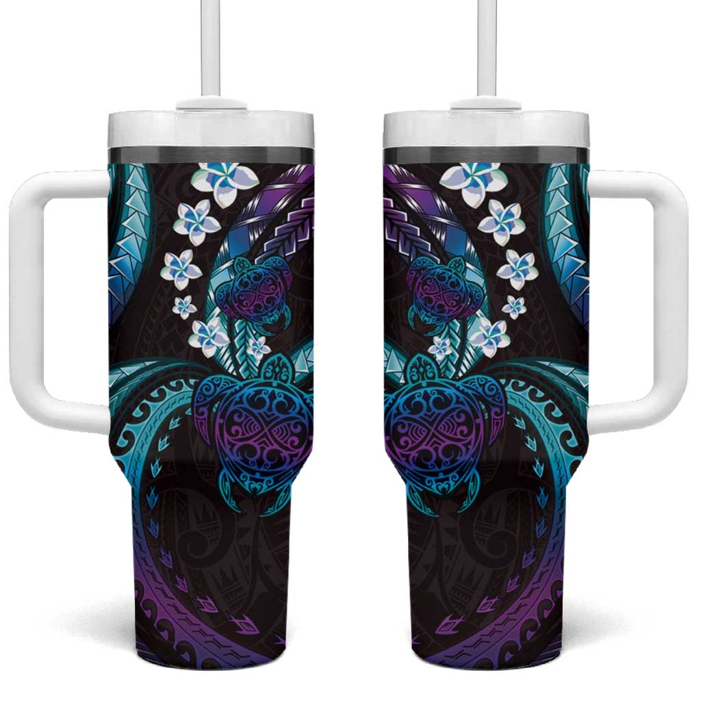 Hawaii Turtles Plumeria Tumbler With Handle Amethyst Gradient Polynesian Pattern