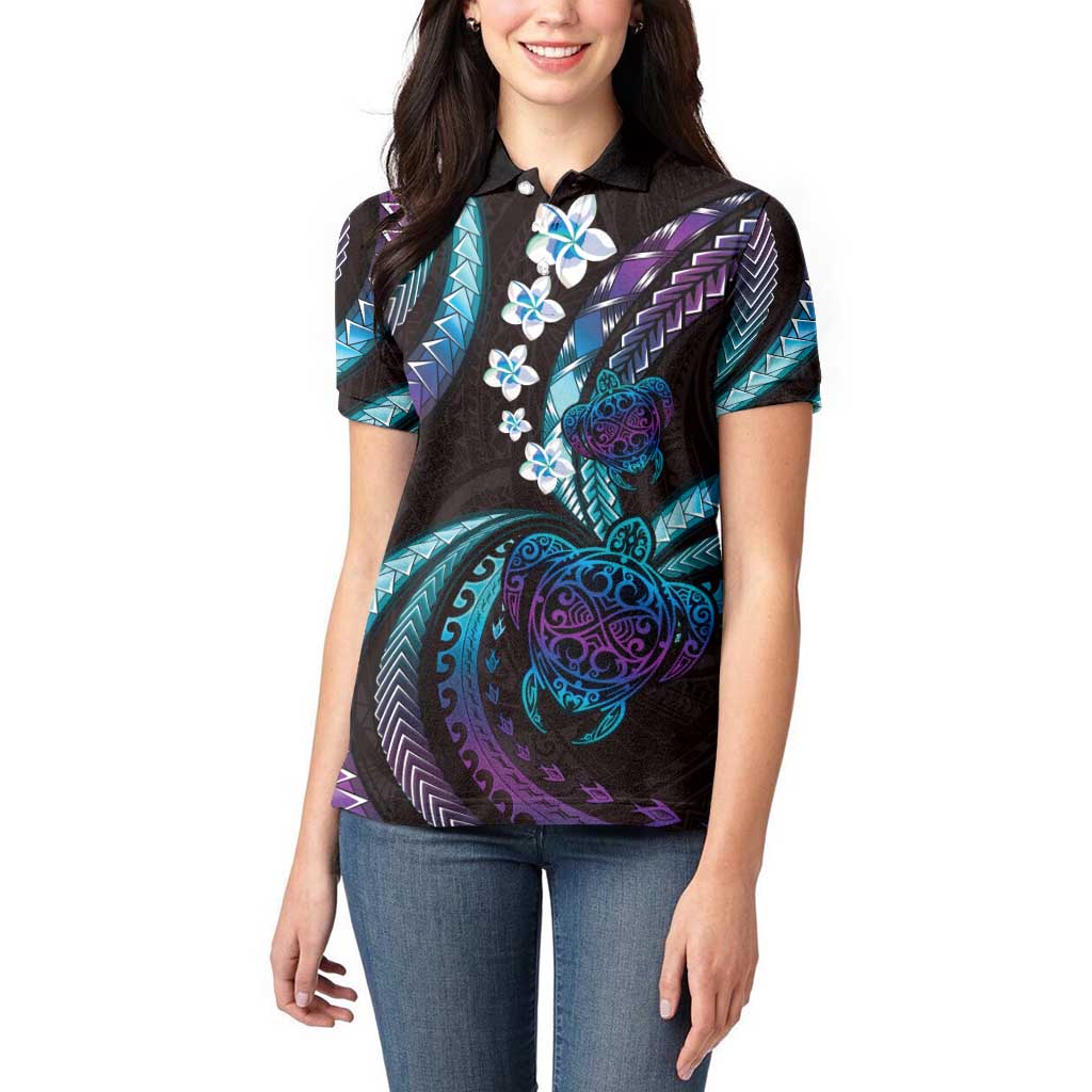 Hawaii Turtles Plumeria Women Polo Shirt Amethyst Gradient Polynesian Pattern