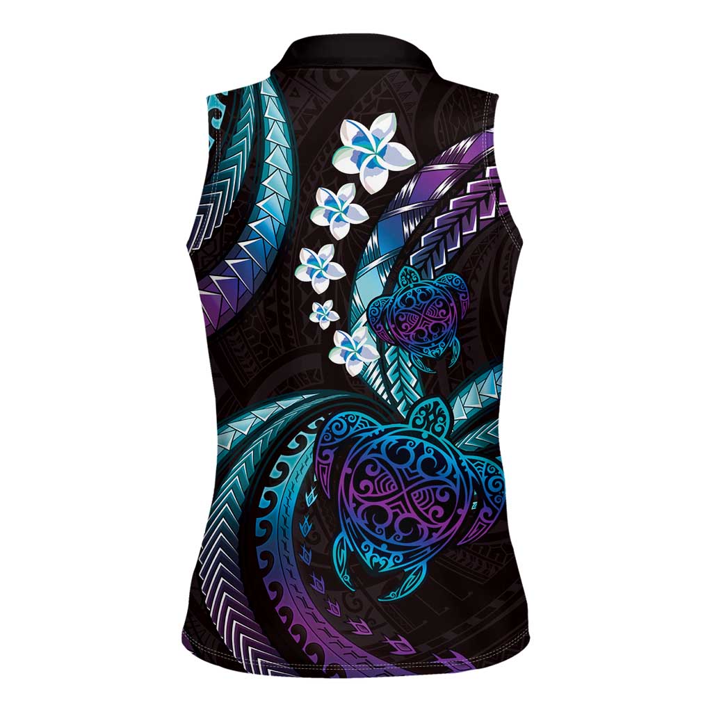 Hawaii Turtles Plumeria Women Sleeveless Polo Shirt Amethyst Gradient Polynesian Pattern