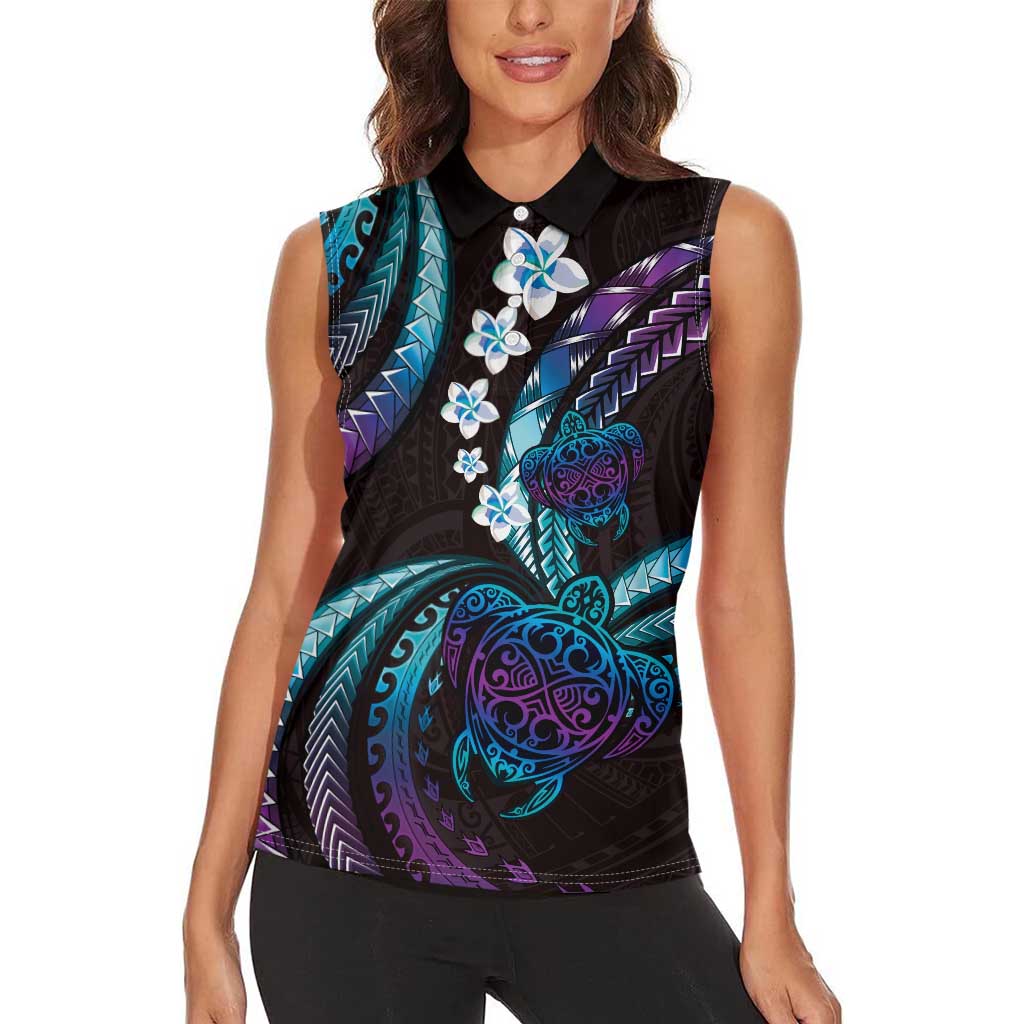 Hawaii Turtles Plumeria Women Sleeveless Polo Shirt Amethyst Gradient Polynesian Pattern