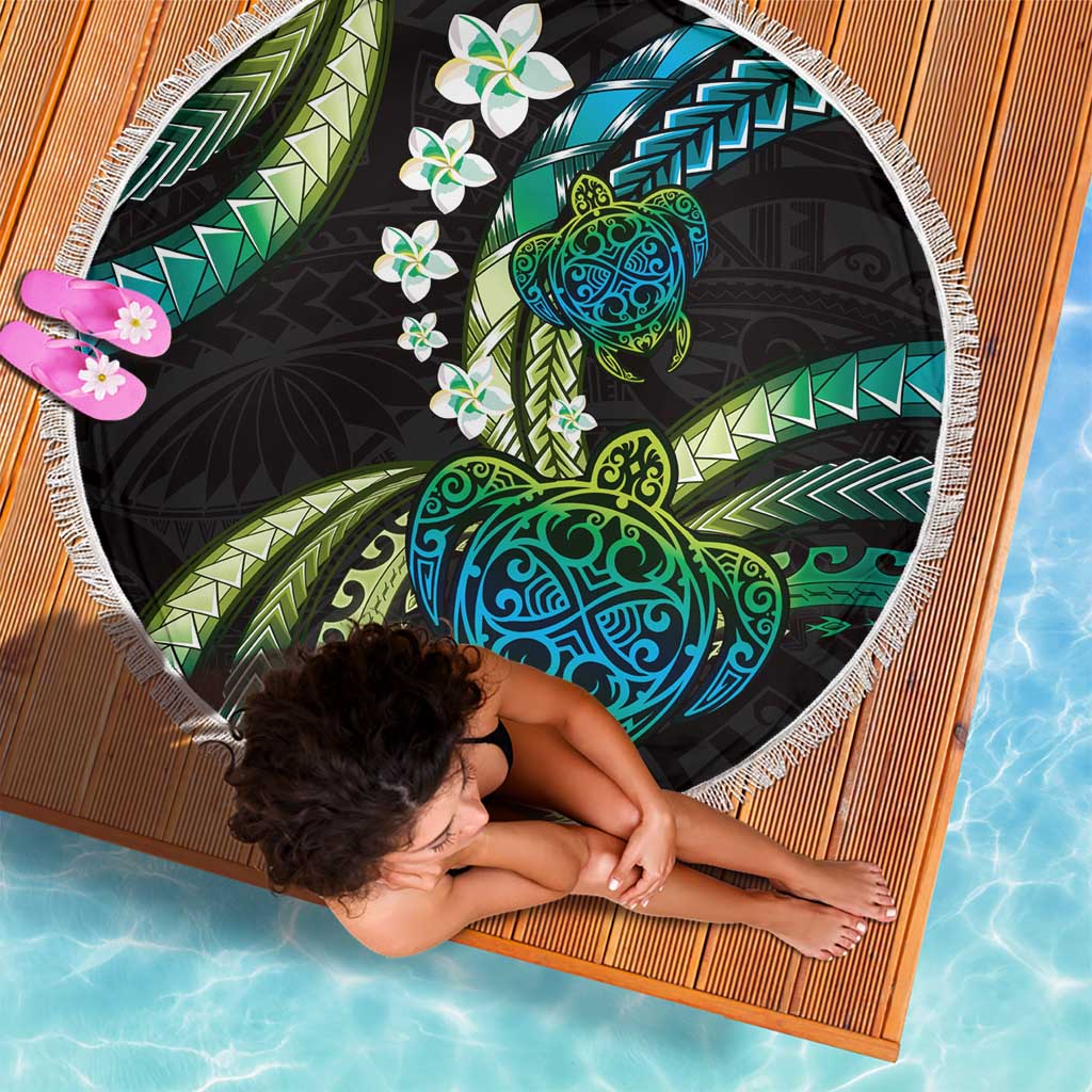 Hawaii Turtles Plumeria Beach Blanket Chartreuse Cyan Polynesian Pattern LT01 - Polynesian Pride