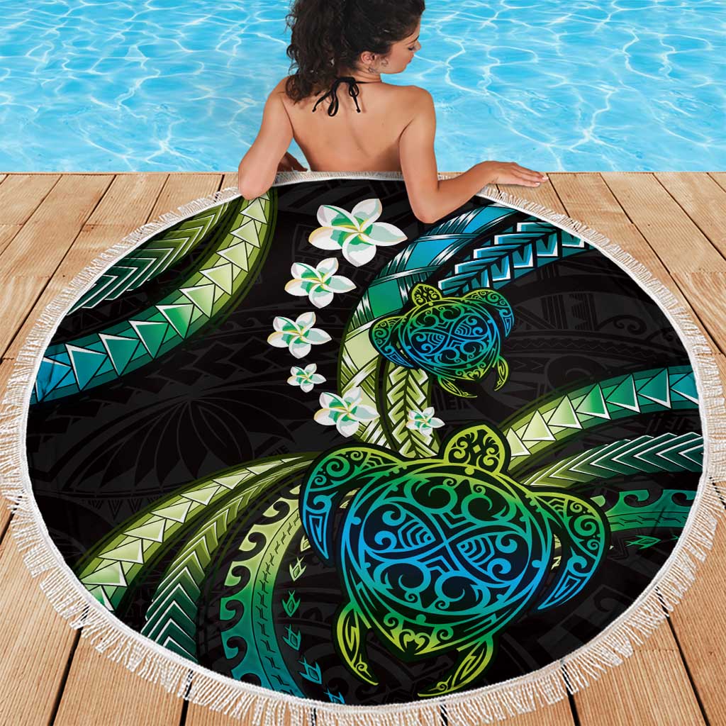 Hawaii Turtles Plumeria Beach Blanket Chartreuse Cyan Polynesian Pattern LT01 - Polynesian Pride