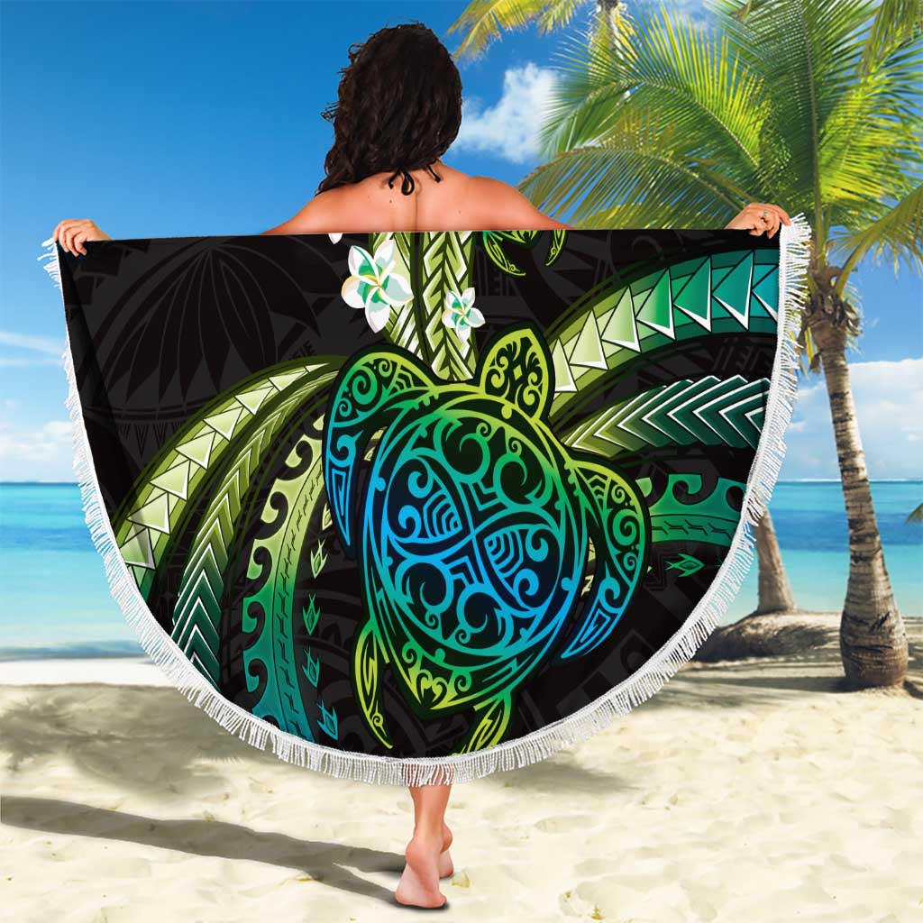 Hawaii Turtles Plumeria Beach Blanket Chartreuse Cyan Polynesian Pattern LT01 - Polynesian Pride