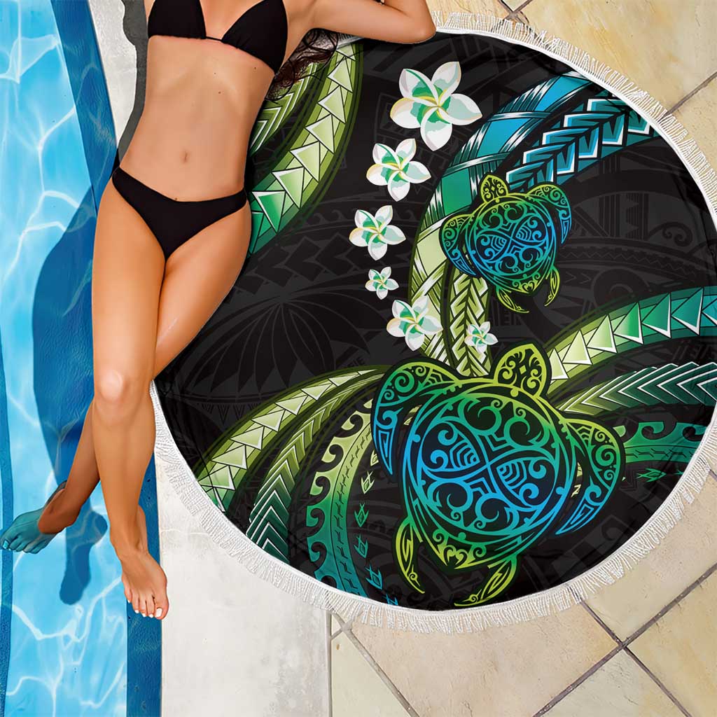 Hawaii Turtles Plumeria Beach Blanket Chartreuse Cyan Polynesian Pattern LT01 - Polynesian Pride