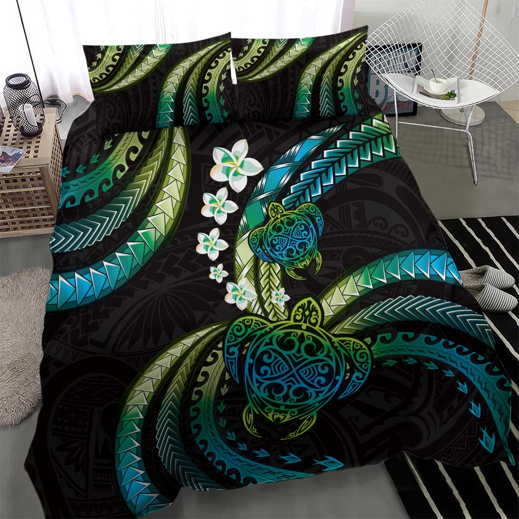 Hawaii Turtles Plumeria Bedding Set Chartreuse Cyan Polynesian Pattern LT01 - Polynesian Pride