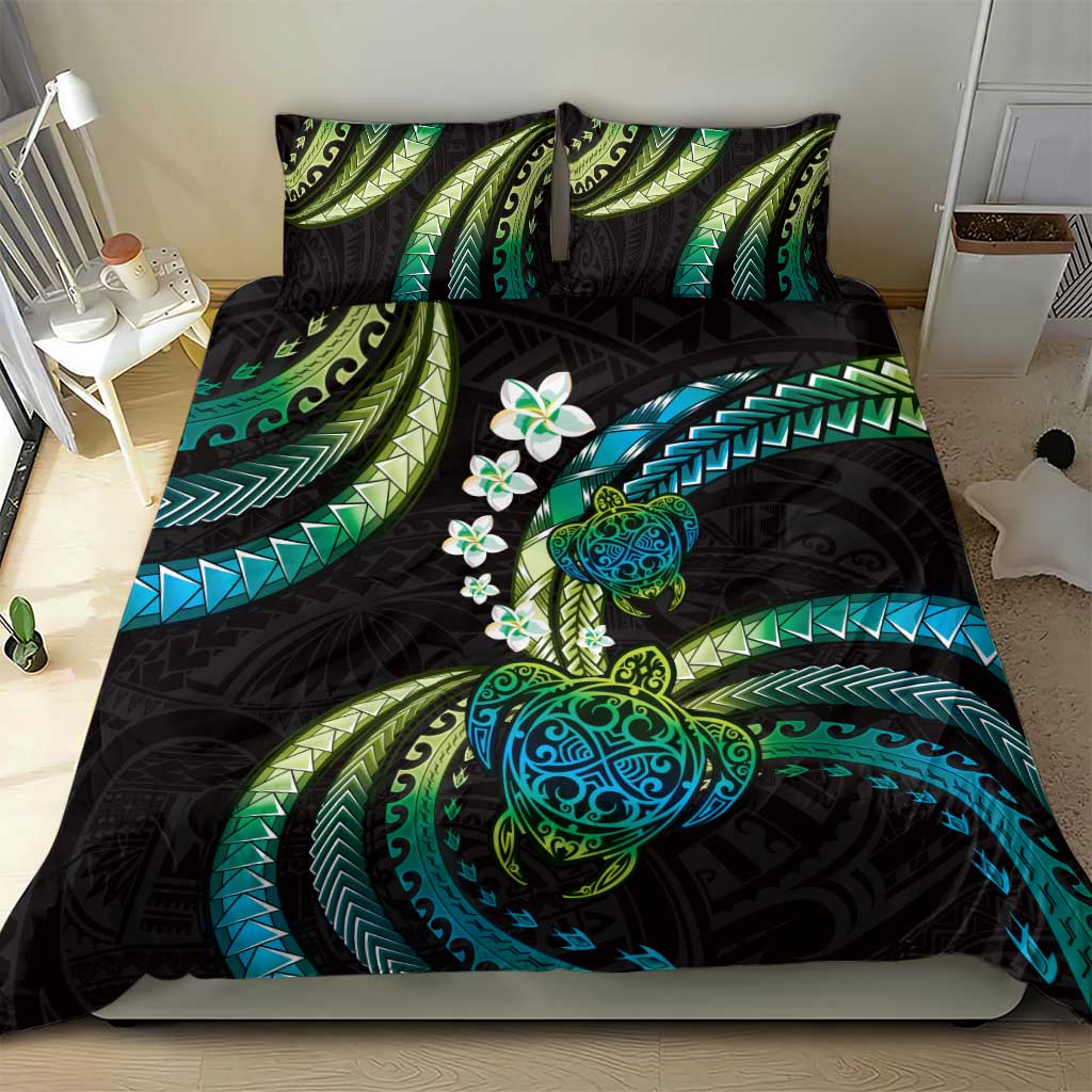 Hawaii Turtles Plumeria Bedding Set Chartreuse Cyan Polynesian Pattern LT01 - Polynesian Pride